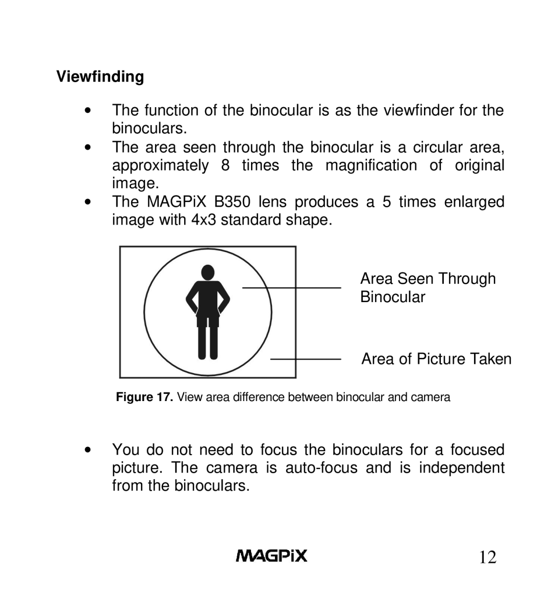 MAGPiX B350 manual Viewfinding, View area difference between binocular and camera 