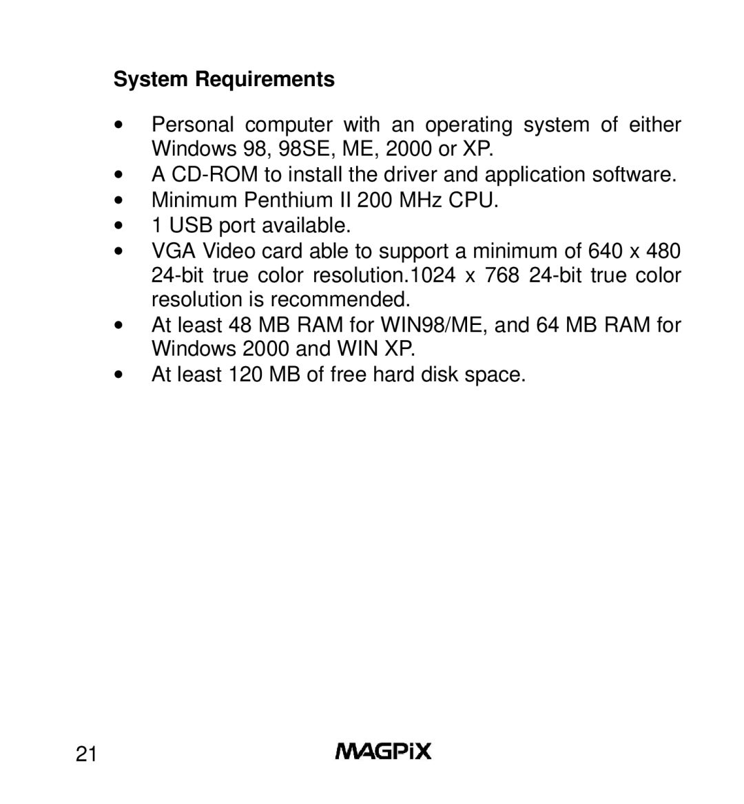 MAGPiX B350 manual System Requirements 