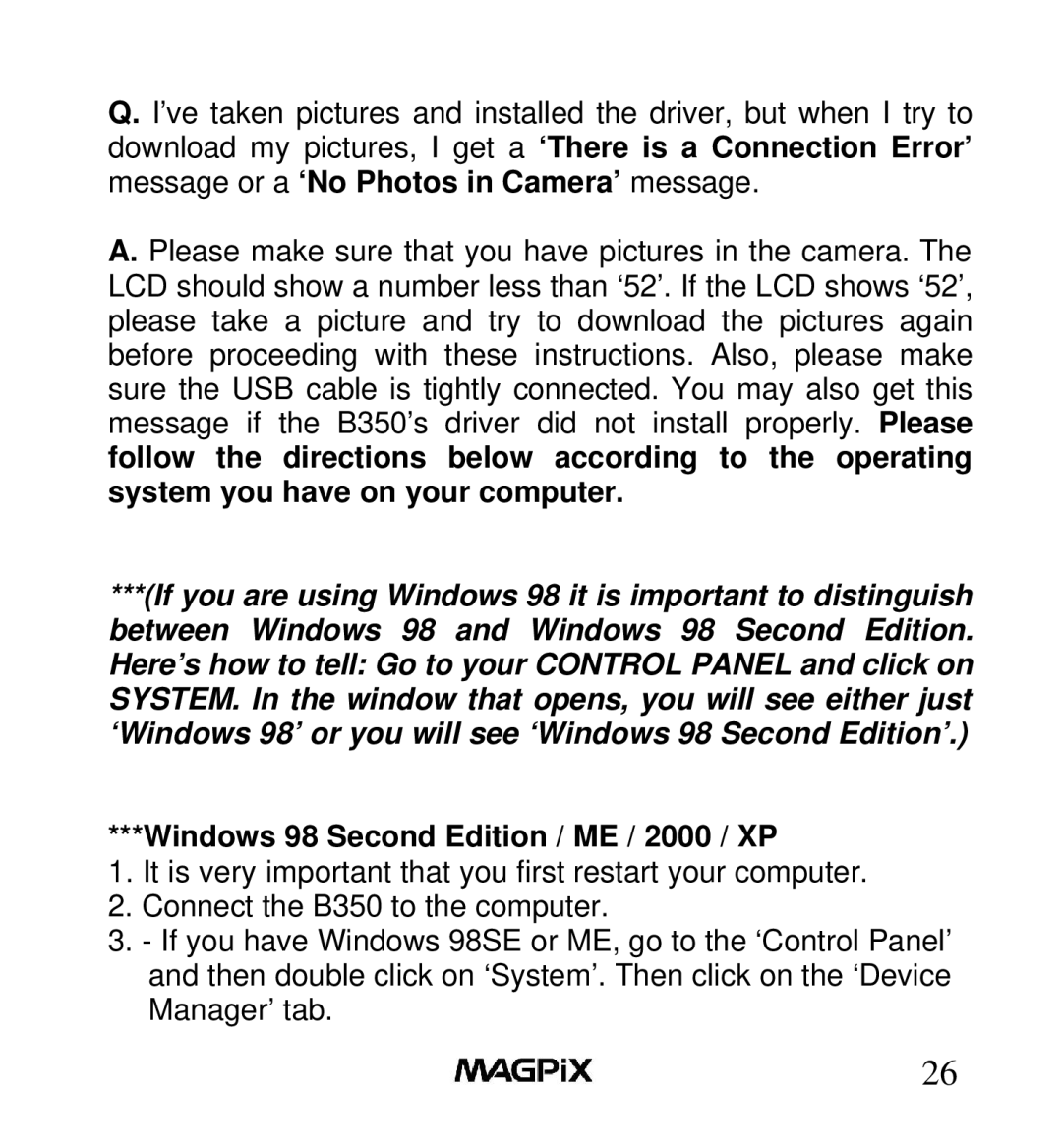 MAGPiX B350 manual Windows 98 Second Edition / ME / 2000 / XP 