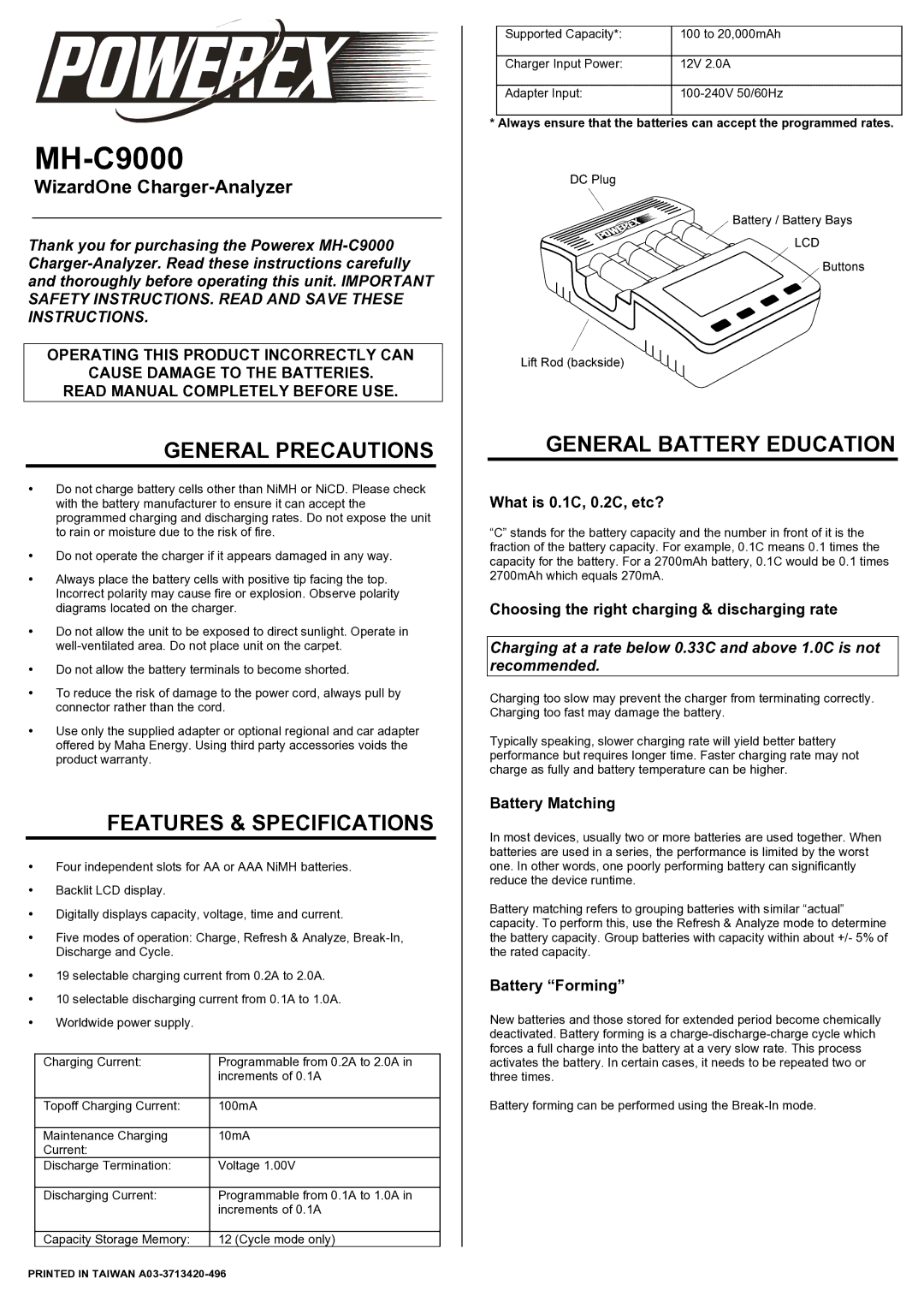 Maha Energy MH-C9000 manual General Precautions, Features & Specifications, General Battery Education 