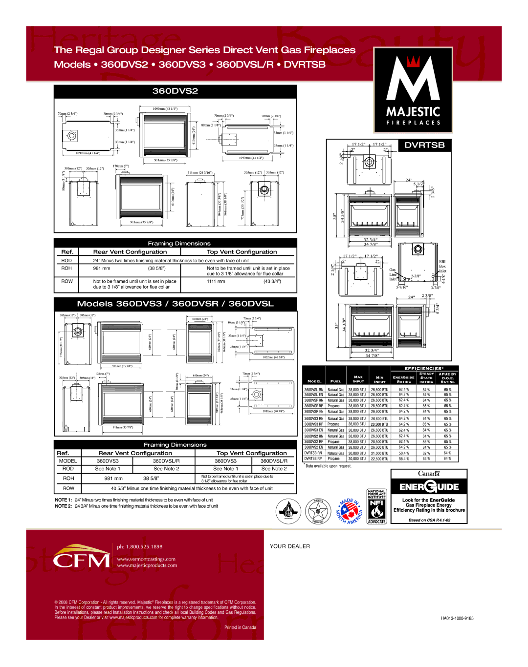 Majestic DVRTSB, 360DVS2 manual Models 360DVS3 / 360DVSR / 360DVSL, Rod, Roh, Row 