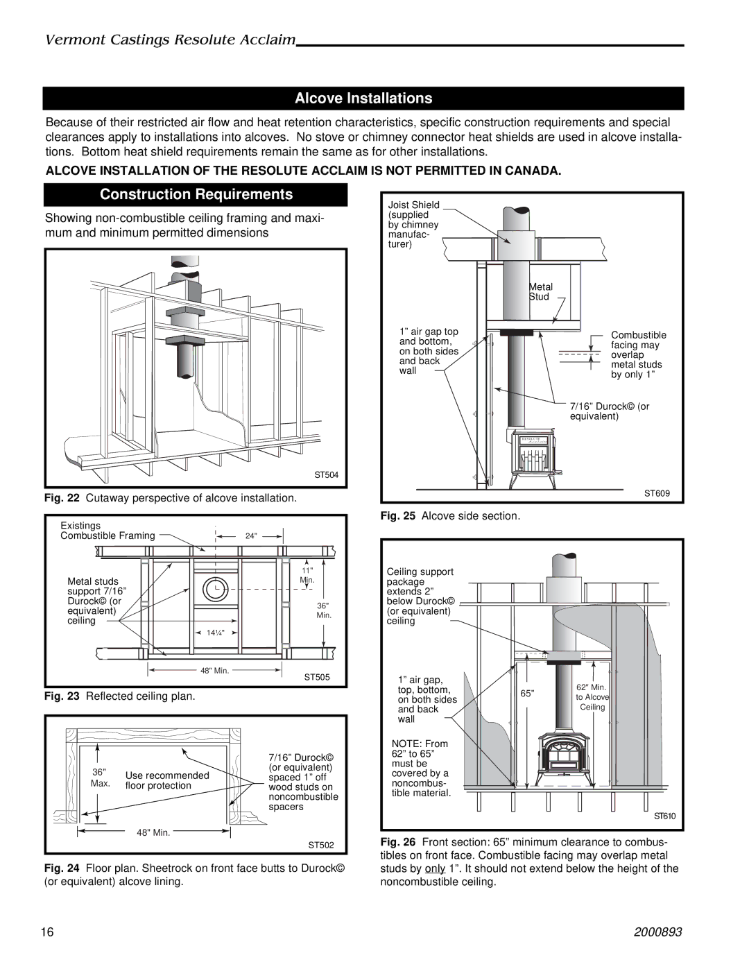 Majestic Appliances 2490 installation instructions Alcove Installations, Construction Requirements 