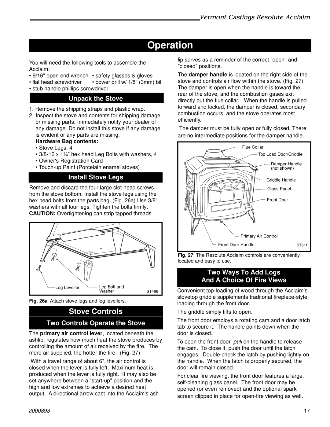 Majestic Appliances 2490 Operation, Unpack the Stove, Install Stove Legs, Two Controls Operate the Stove 