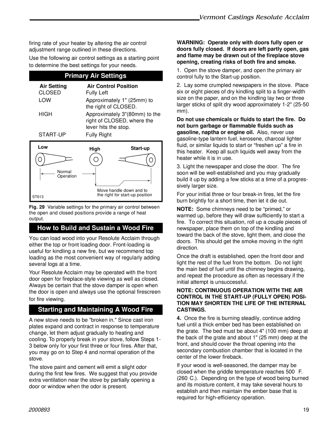 Majestic Appliances 2490 Primary Air Settings, How to Build and Sustain a Wood Fire, Starting and Maintaining a Wood Fire 