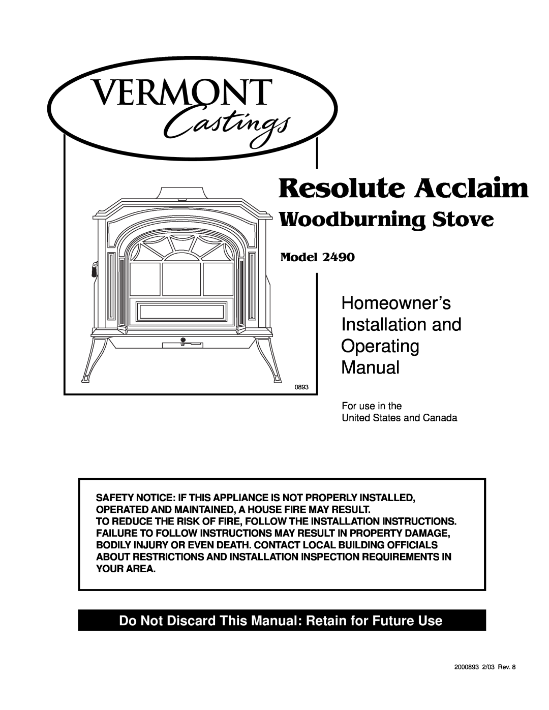 Majestic Appliances 2490 installation instructions Resolute Acclaim, Woodburning Stove, Homeowner’s, Installation and 