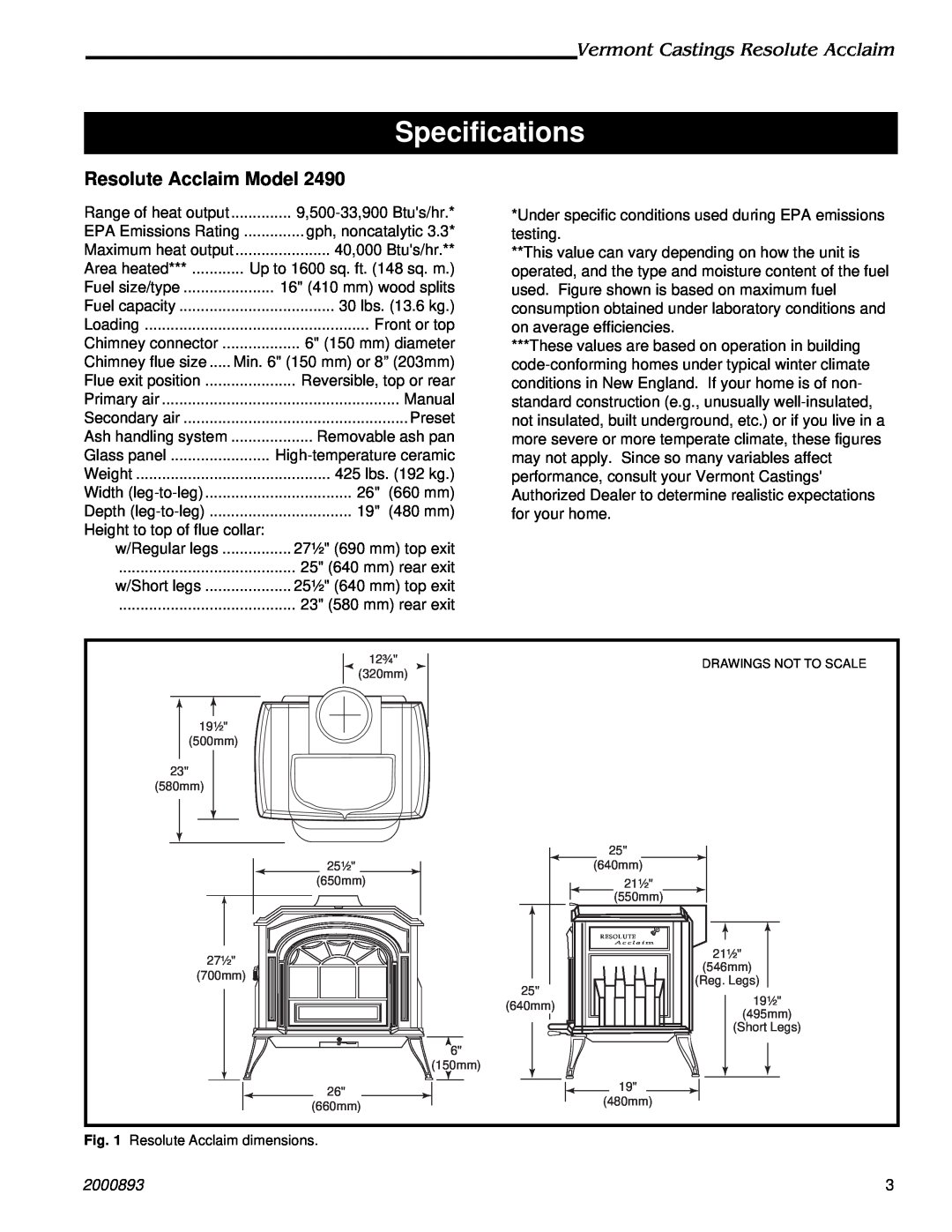 Majestic Appliances 2490 Specifications, Resolute Acclaim Model, Vermont Castings Resolute Acclaim, 2000893 
