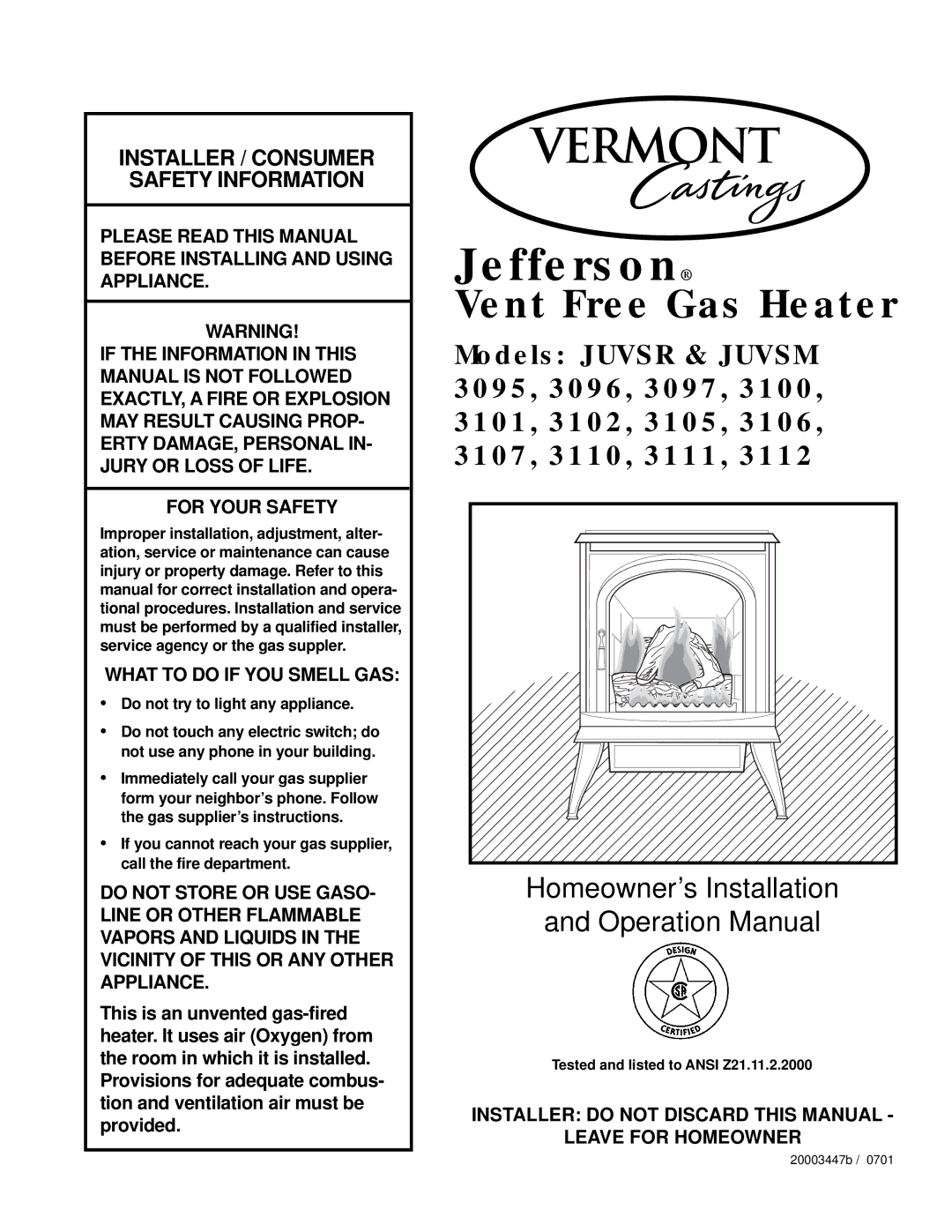 Majestic Appliances 3111, 3112, 3101, 3106, 3097, 3100, 3096, 3102, 3105, 3110, 3095, 3107 operation manual Jefferson 