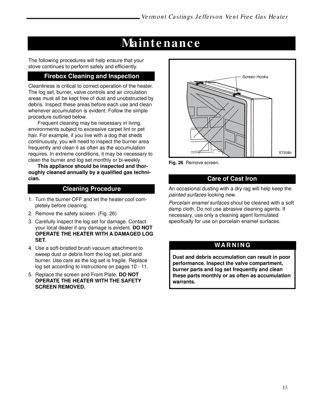 Majestic Appliances 3106, 3112, 3111 Maintenance, Firebox Cleaning and Inspection, Cleaning Procedure, Care of Cast Iron 