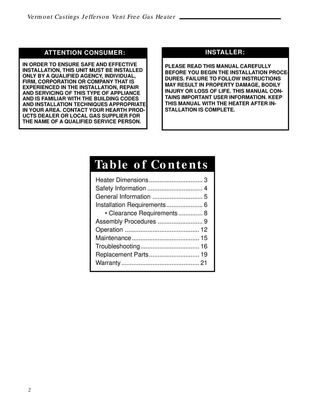 Majestic Appliances 3101, 3112, 3111, 3106, 3097, 3100, 3096, 3102, 3105, 3110, 3095, 3107 operation manual Table of Contents 