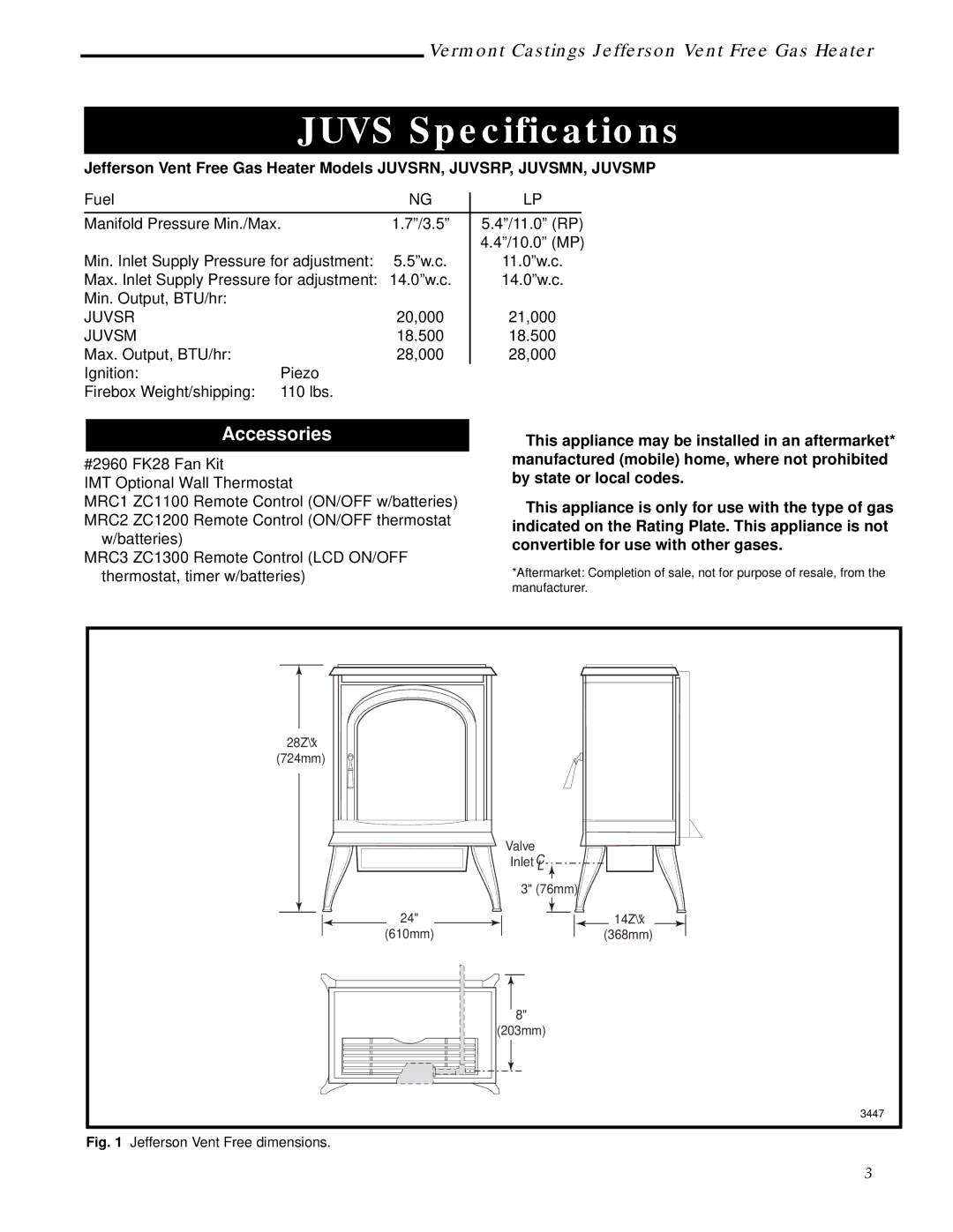 Majestic Appliances 3106, 3112, 3111, 3101, 3097, 3100, 3096, 3102, 3105, 3110, 3095, 3107 Juvs Specifications, Accessories 