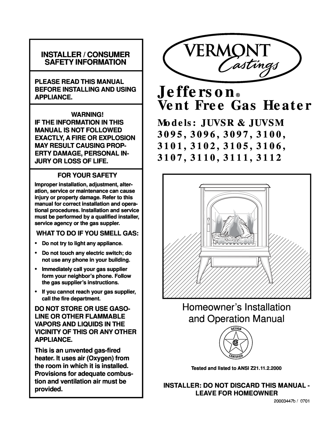 Majestic Appliances 3111, 3112 operation manual Installer / Consumer Safety Information, Jefferson, Vent Free Gas Heater 