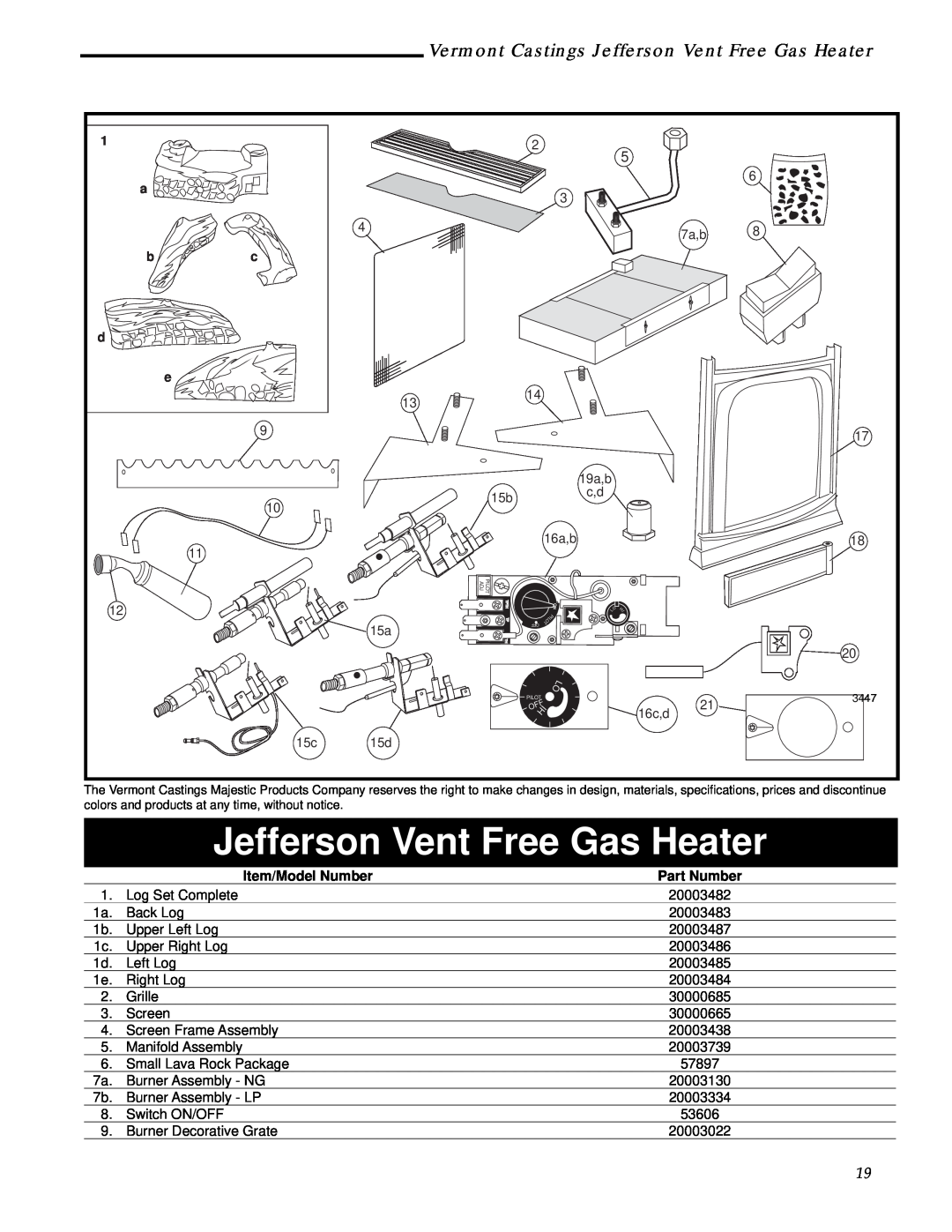 Majestic Appliances 3102, 3112, 3111 Vermont Castings Jefferson Vent Free Gas Heater, Item/Model Number, Part Number 
