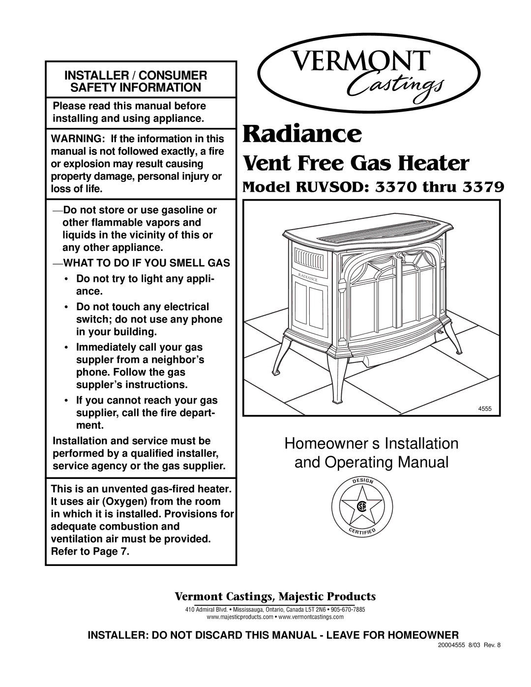 Majestic Appliances 3375, 3378, 3379, 3376, 3377, 3373, 3370, 3374, 3371, 3372 manual Radiance 