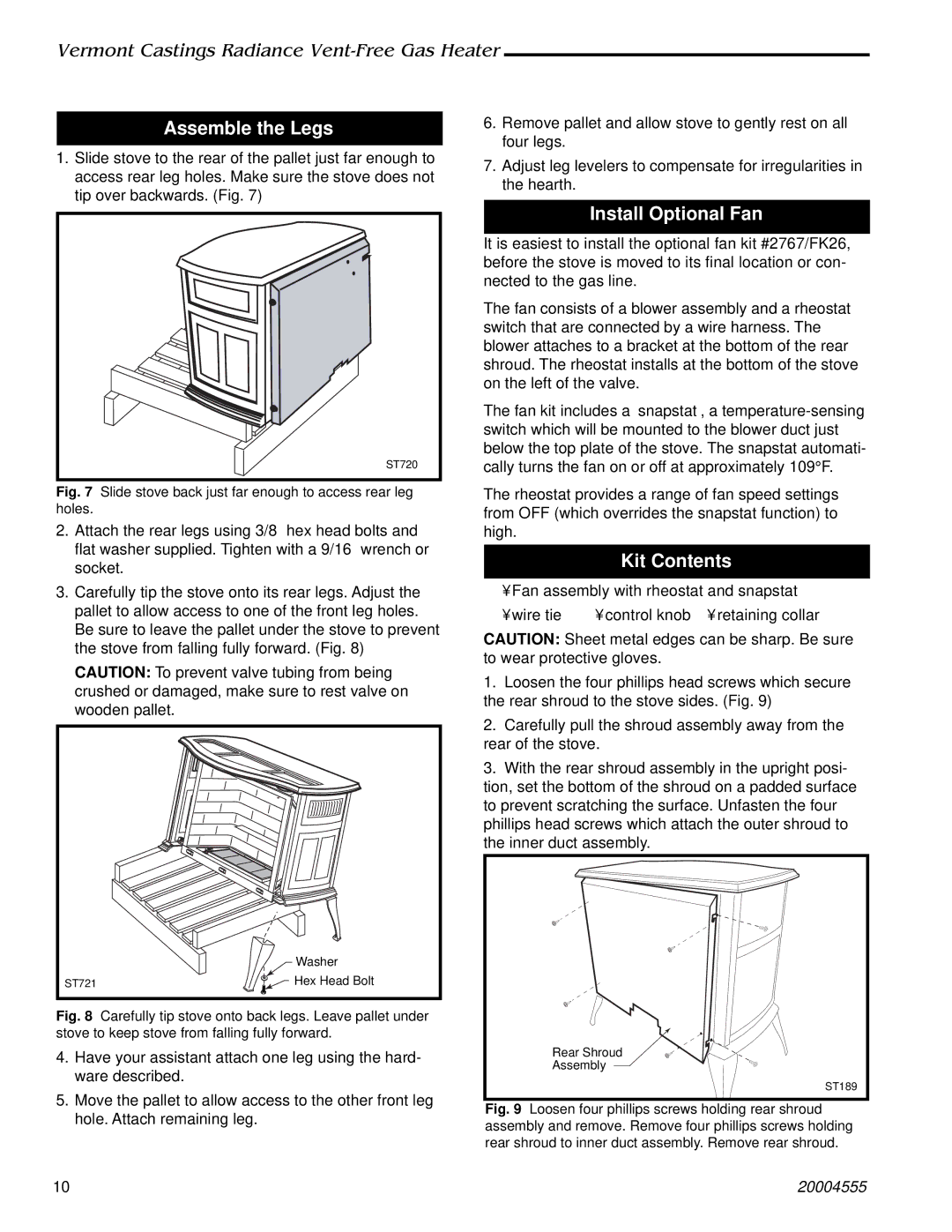 Majestic Appliances 3378, 3375, 3379, 3376, 3377, 3373, 3370, 3374, 3371 Assemble the Legs, Install Optional Fan, Kit Contents 