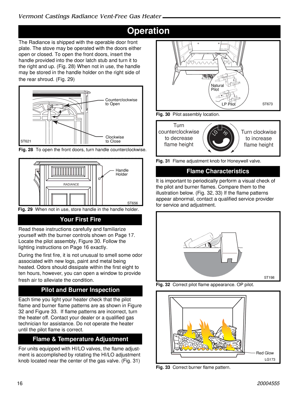 Majestic Appliances 3370, 3378 Operation, Your First Fire, Pilot and Burner Inspection, Flame & Temperature Adjustment 