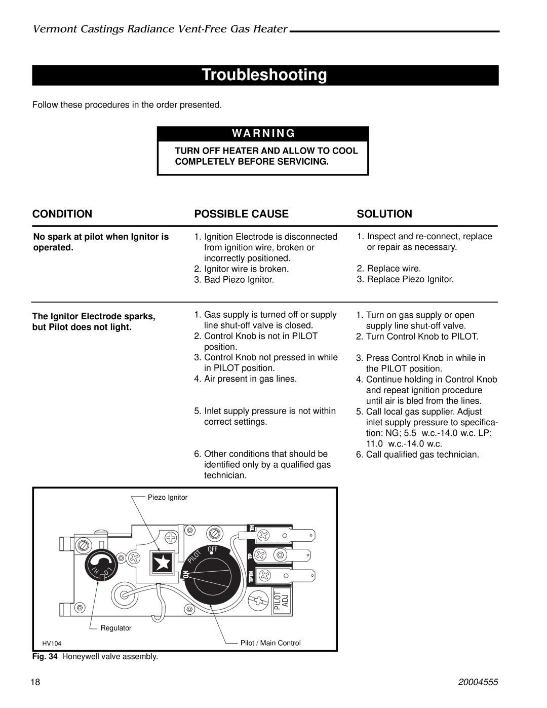 Majestic Appliances 3371, 3378, 3375, 3379, 3376, 3377, 3373, 3370 Troubleshooting, No spark at pilot when Ignitor is operated 