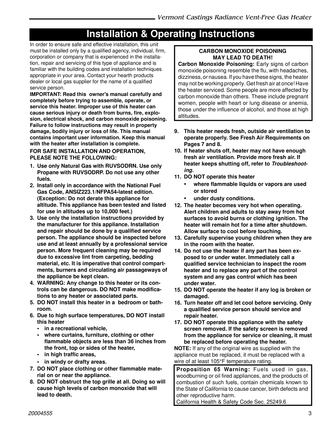 Majestic Appliances 3376, 3378, 3375 Installation & Operating Instructions, Carbon Monoxide Poisoning MAY Lead to Death 