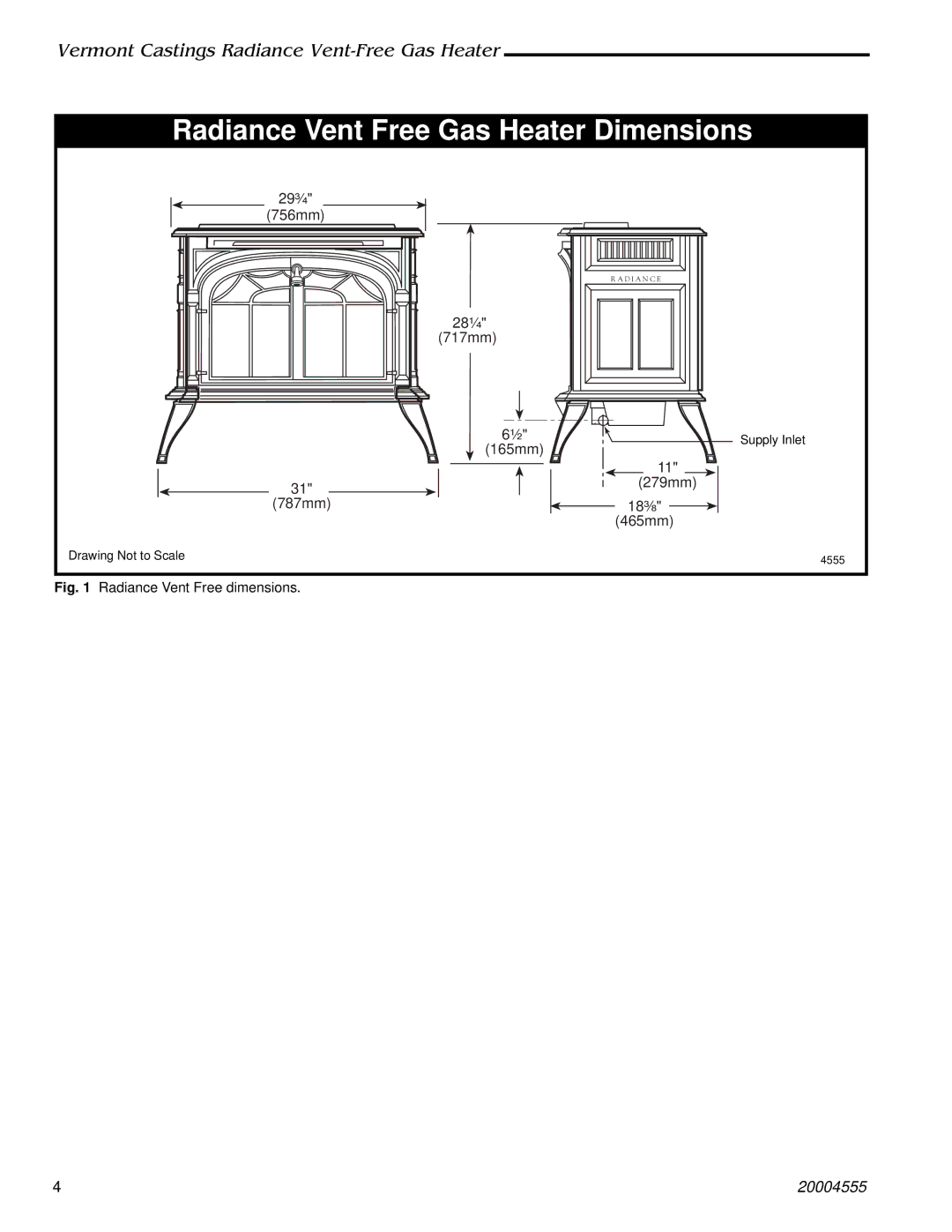 Majestic Appliances 3377, 3378, 3375, 3379, 3376, 3373 Radiance Vent Free Gas Heater Dimensions, Radiance Vent Free dimensions 