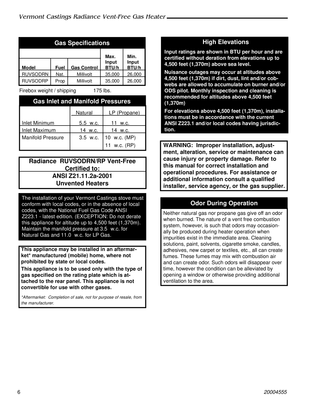 Majestic Appliances 3370 Gas Specifications, Gas Inlet and Manifold Pressures, High Elevations, Odor During Operation 