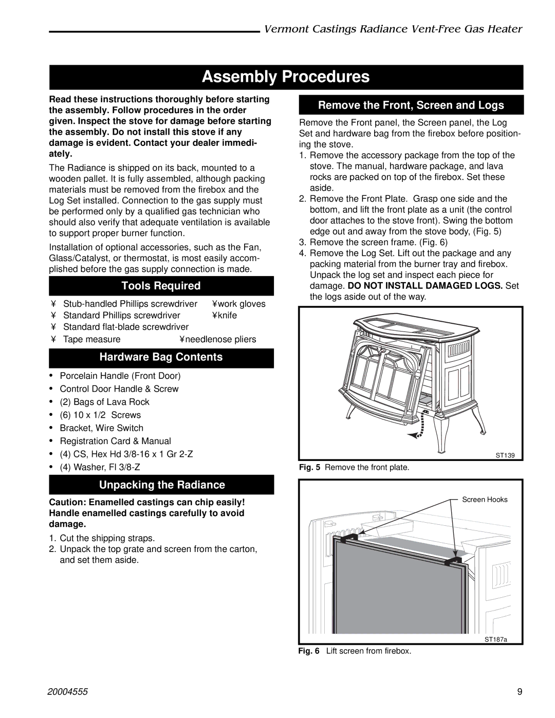 Majestic Appliances 3372, 3378, 3375 Assembly Procedures, Tools Required, Hardware Bag Contents, Unpacking the Radiance 