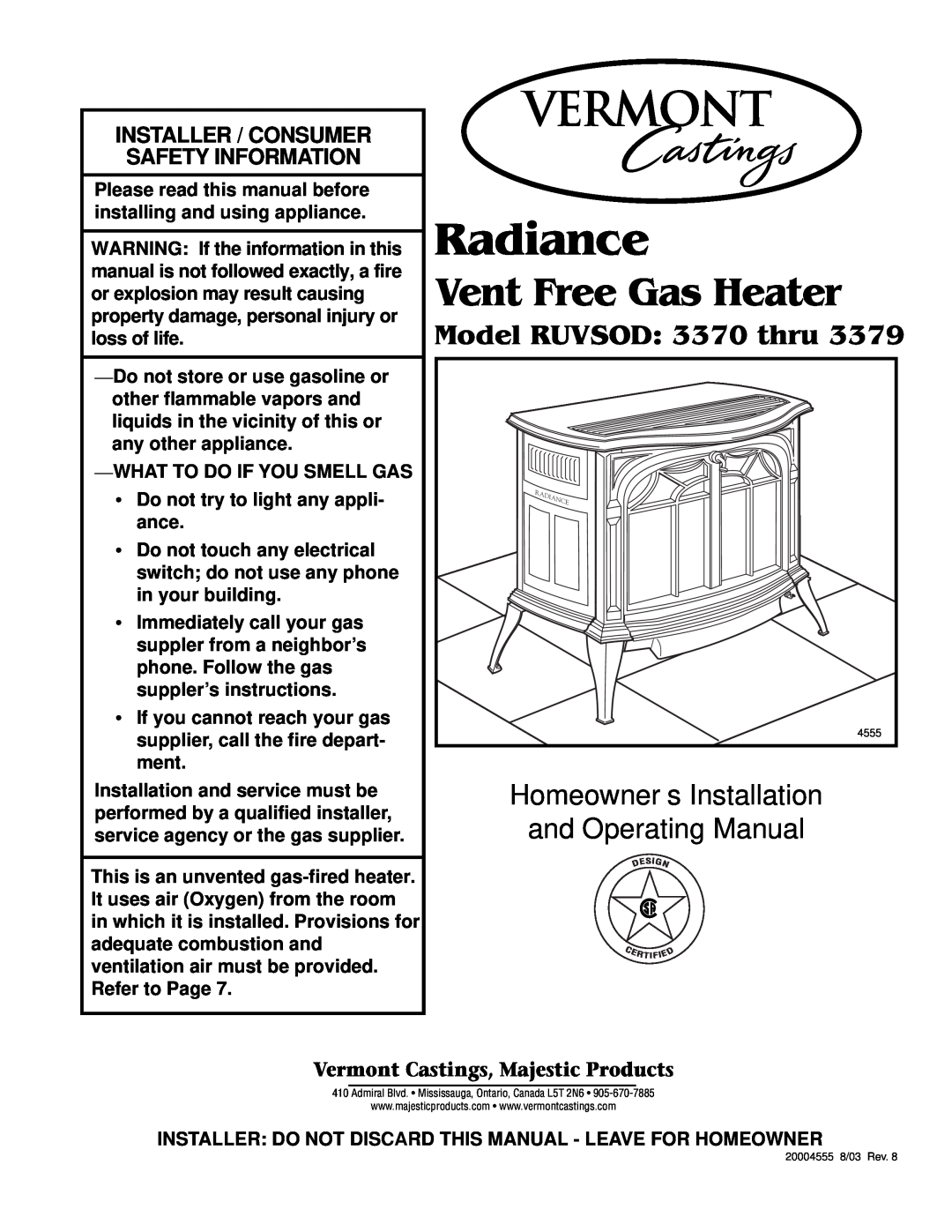 Majestic Appliances 3375, 3378, 3379, 3376, 3377 manual Vermont Castings, Majestic Products, Radiance, Vent Free Gas Heater 