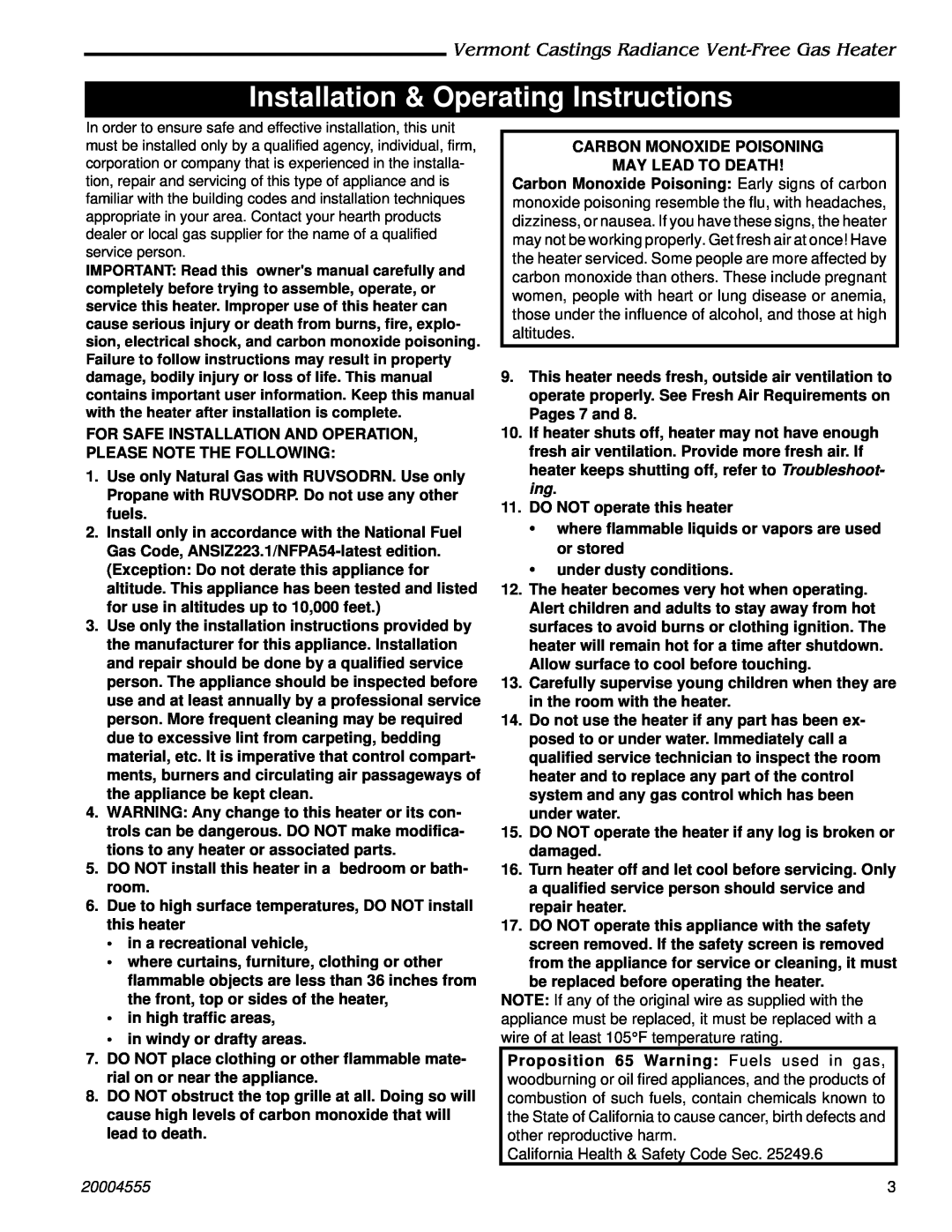 Majestic Appliances 3376 Installation & Operating Instructions, Vermont Castings Radiance Vent-FreeGas Heater, 20004555 