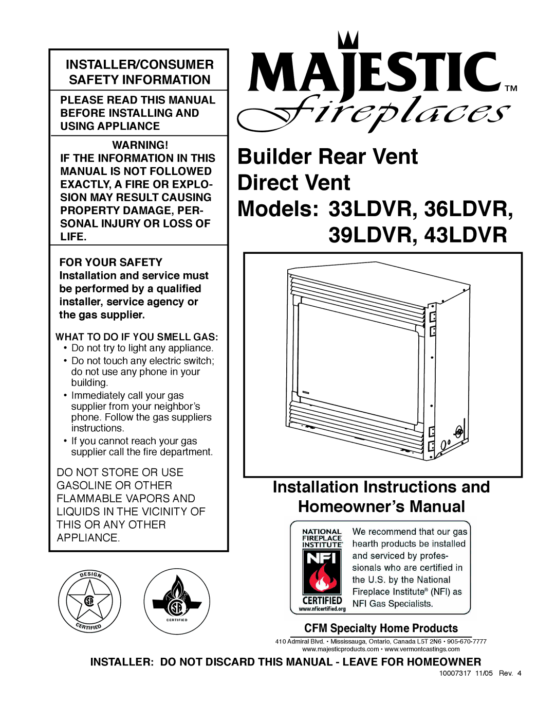 Majestic Appliances 36LDVR, 33LDVR, 39LDVR, 43LDVR installation instructions Installation Instructions Homeownerʼs Manual 