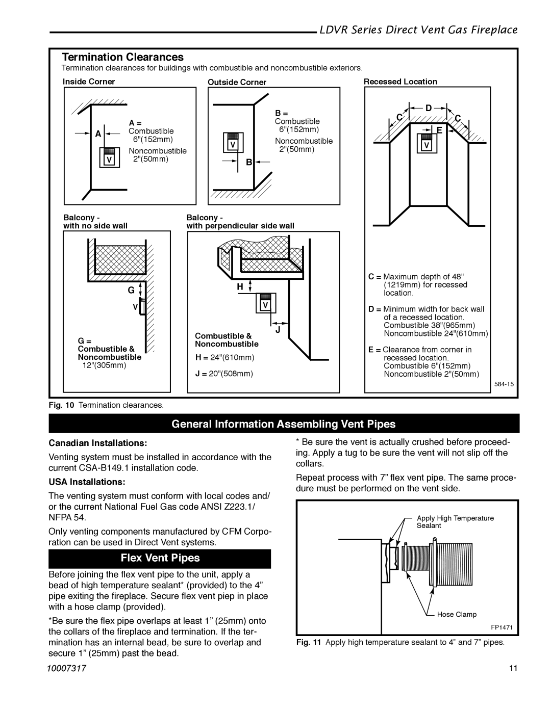 Majestic Appliances 43LDVR, 33LDVR Termination Clearances, General Information Assembling Vent Pipes, Flex Vent Pipes 