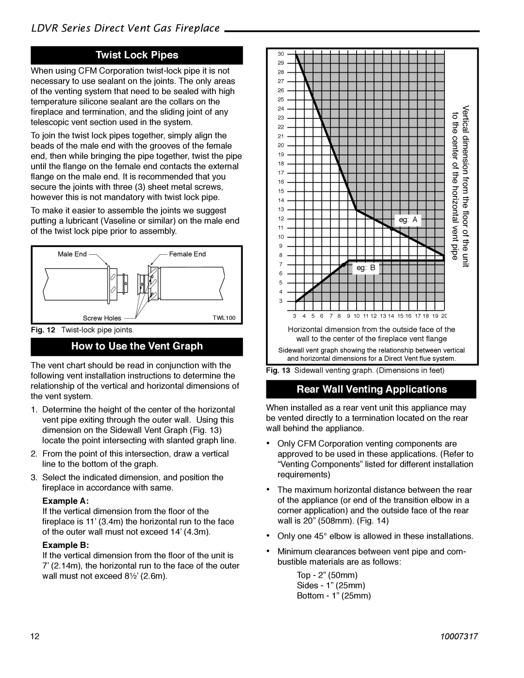 Majestic Appliances 33LDVR, 36LDVR Twist Lock Pipes, How to Use the Vent Graph, Rear Wall Venting Applications, Example a 