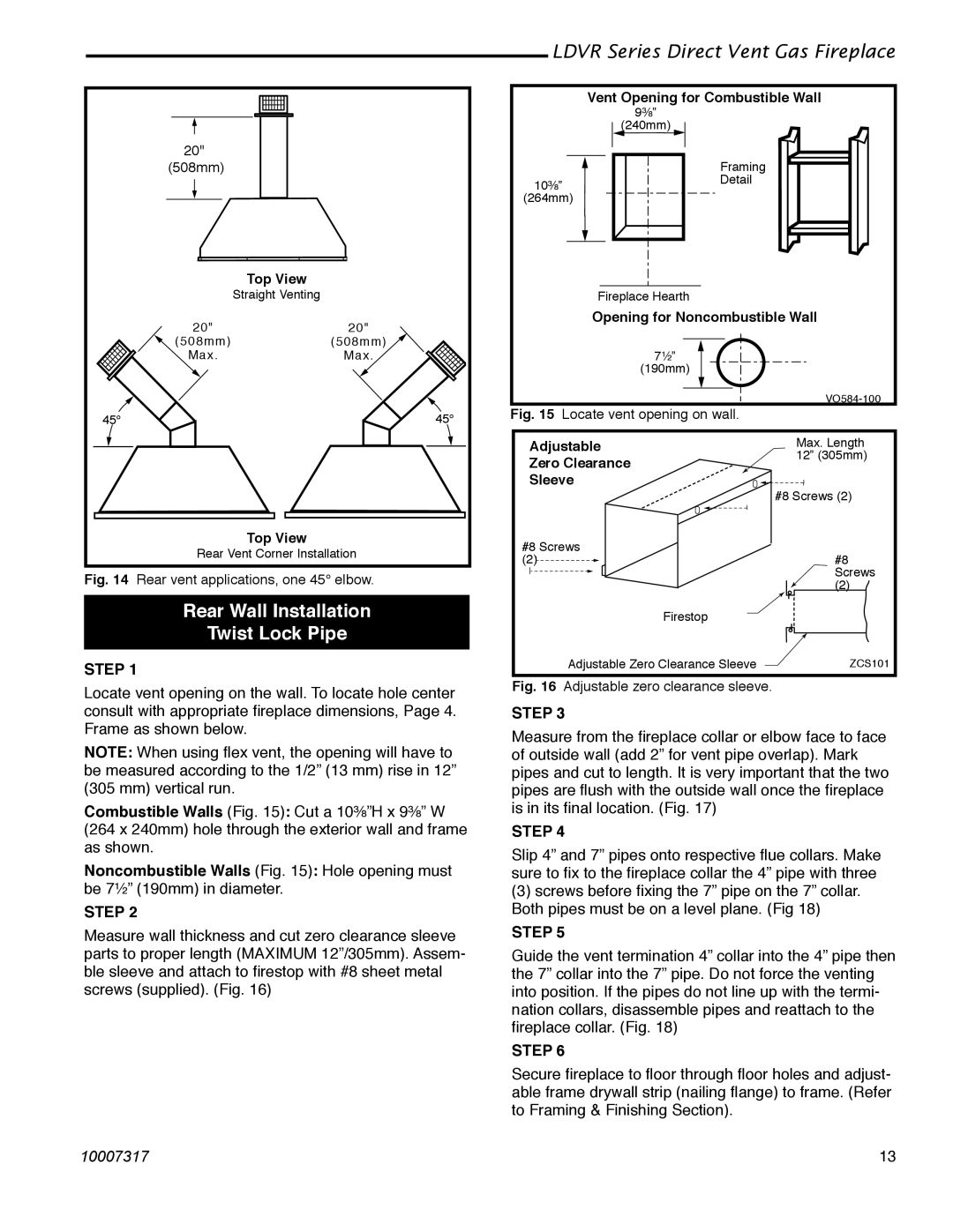 Majestic Appliances 36LDVR, 33LDVR, 39LDVR, 43LDVR installation instructions Rear Wall Installation Twist Lock Pipe, Step 