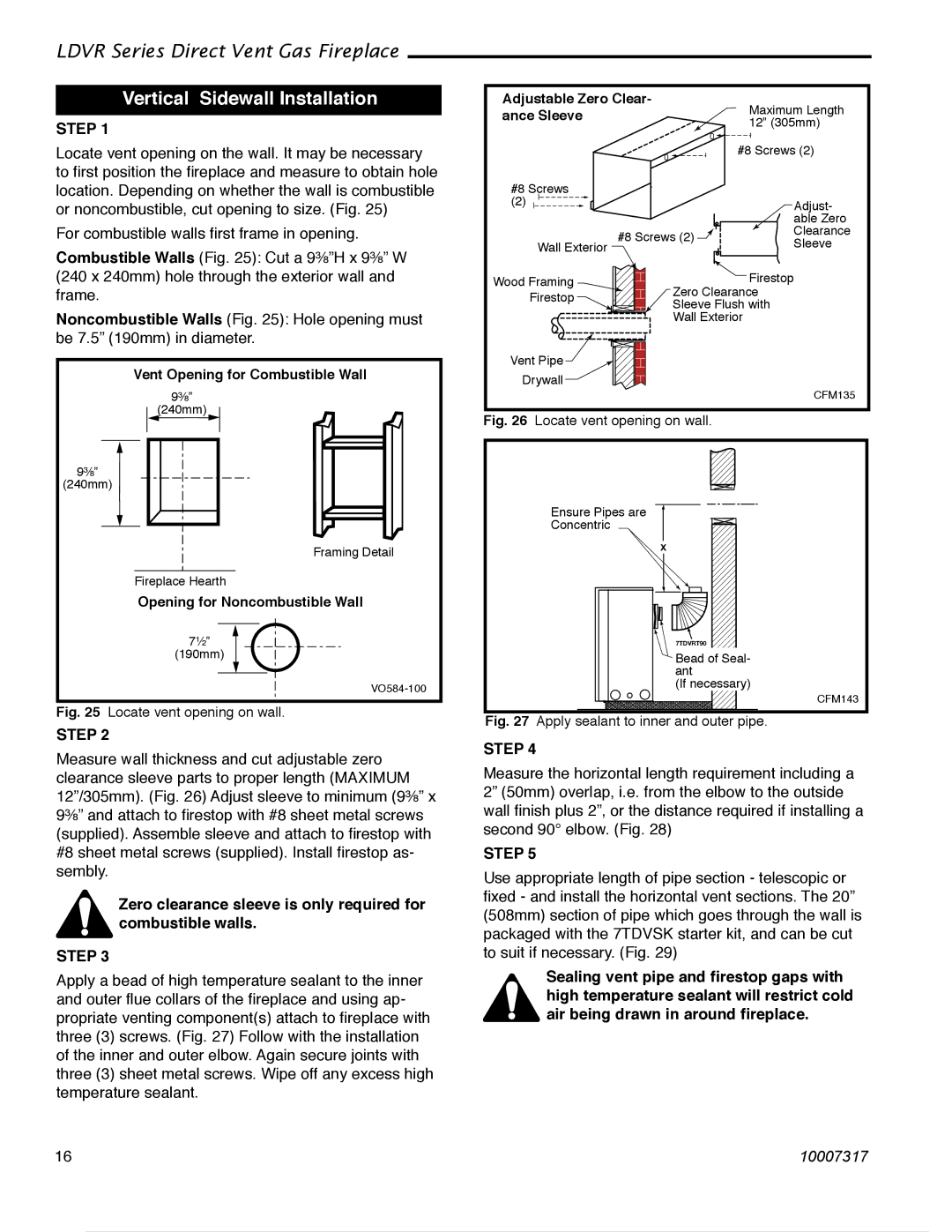 Majestic Appliances 33LDVR Vertical Sidewall Installation, Zero clearance sleeve is only required for combustible walls 