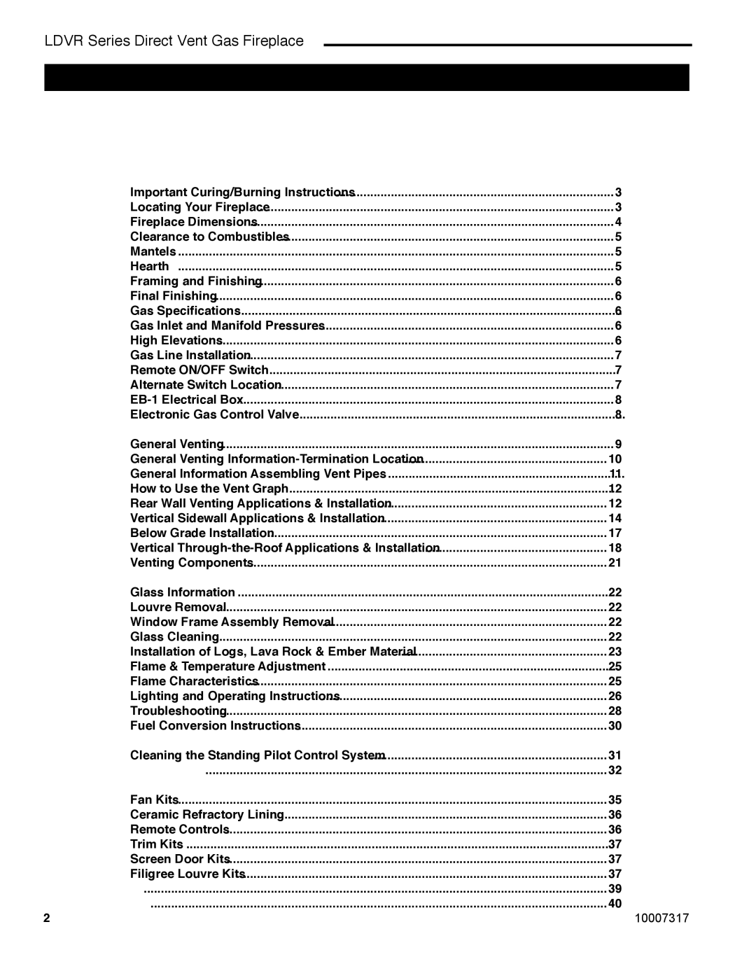 Majestic Appliances 39LDVR, 33LDVR, 36LDVR, 43LDVR installation instructions Table of Contents 