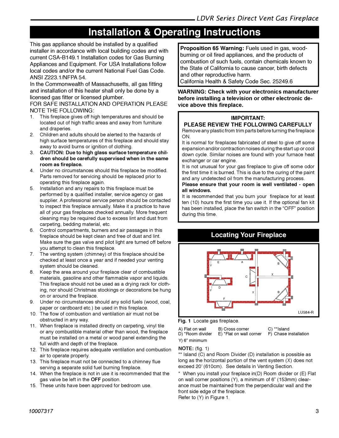 Majestic Appliances 43LDVR, 33LDVR, 36LDVR, 39LDVR Installation & Operating Instructions, Locating Your Fireplace 