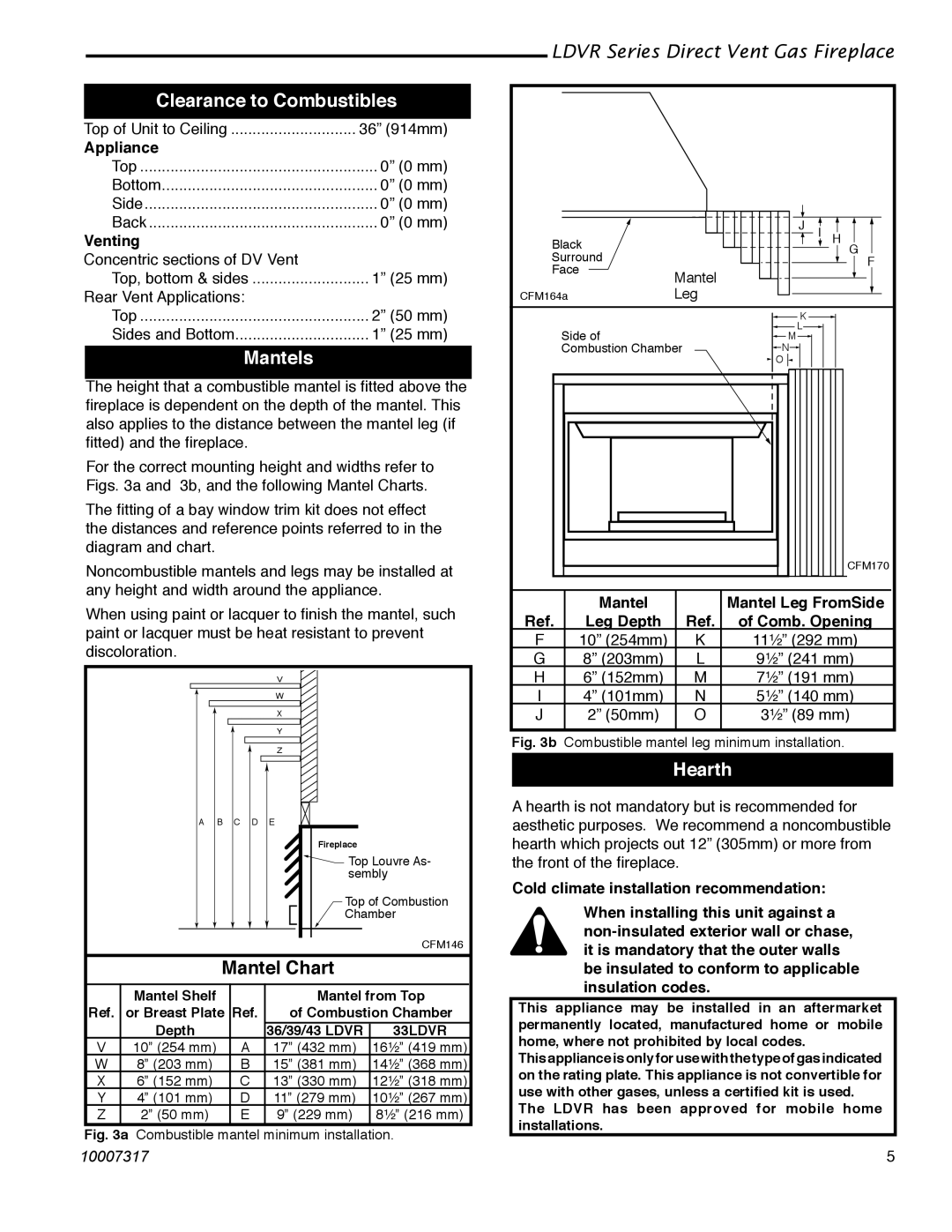 Majestic Appliances 36LDVR, 33LDVR, 39LDVR, 43LDVR Clearance to Combustibles, Mantels, Mantel Chart, Hearth 