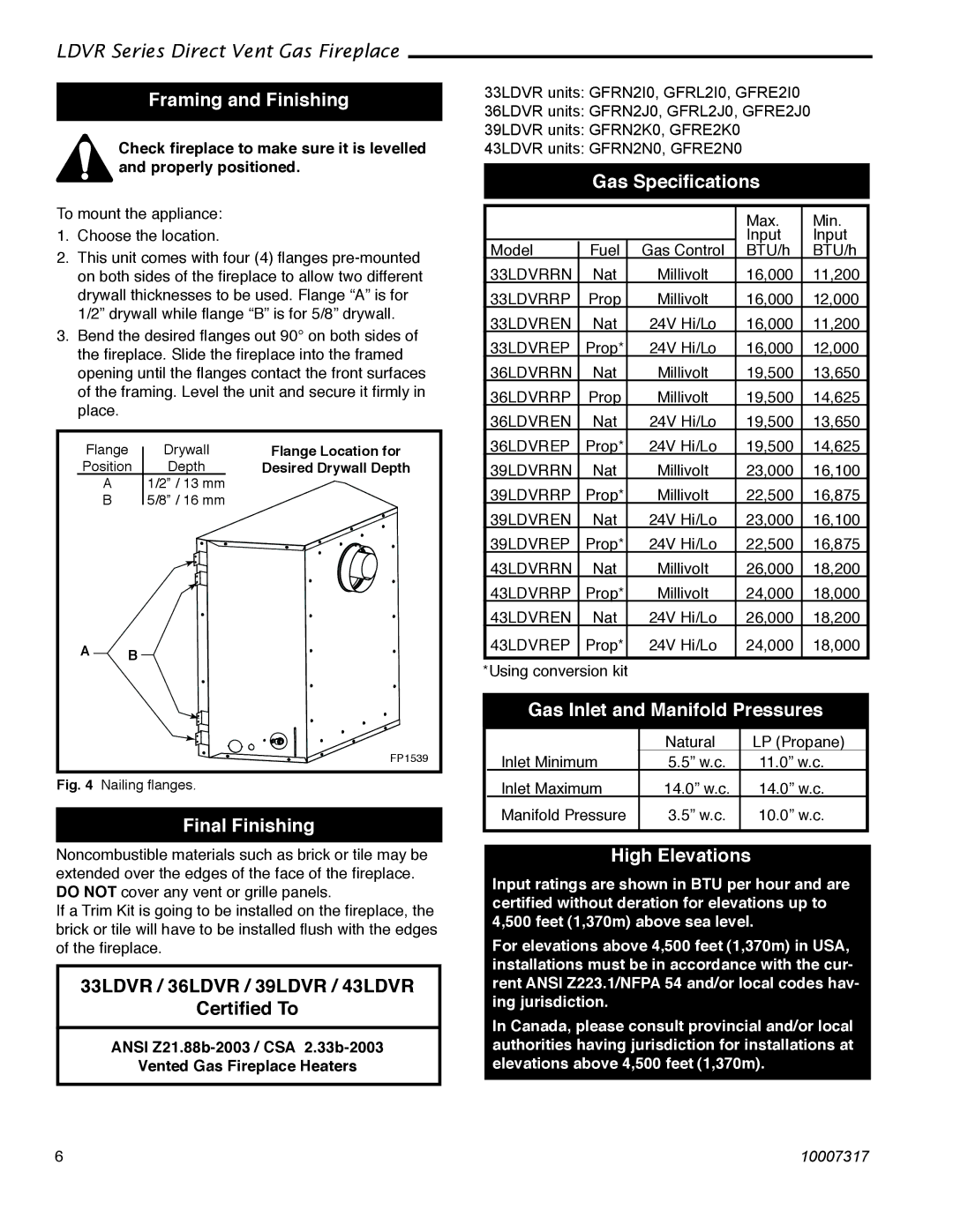 Majestic Appliances 39LDVR Framing and Finishing, Final Finishing, Gas Speciﬁcations, Gas Inlet and Manifold Pressures 