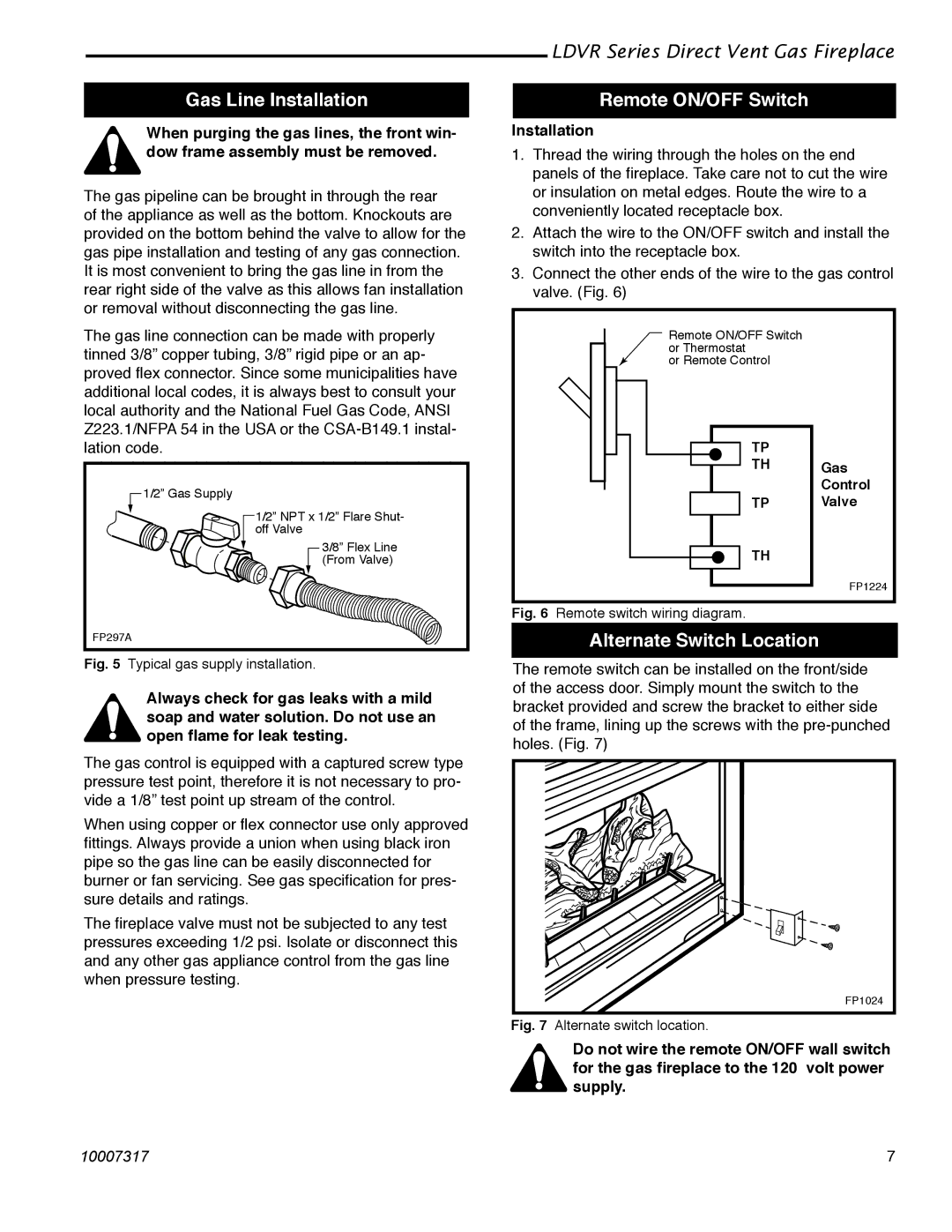 Majestic Appliances 43LDVR, 33LDVR, 36LDVR, 39LDVR Gas Line Installation, Remote ON/OFF Switch, Alternate Switch Location 