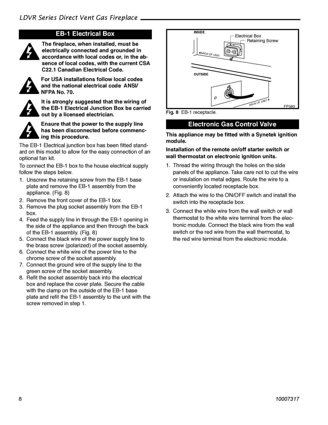 Majestic Appliances 33LDVR, 36LDVR, 39LDVR, 43LDVR installation instructions EB-1 Electrical Box, Electronic Gas Control Valve 