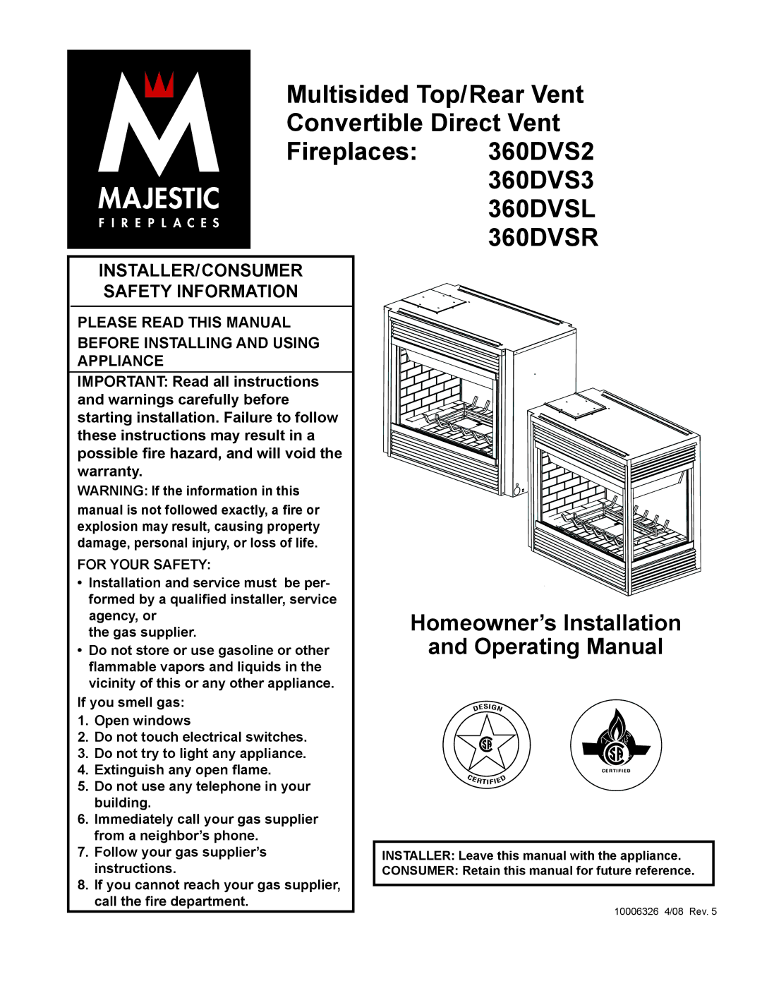 Majestic Appliances 360DVS3, 360DVS2 warranty 360DVSL 360DVSR 