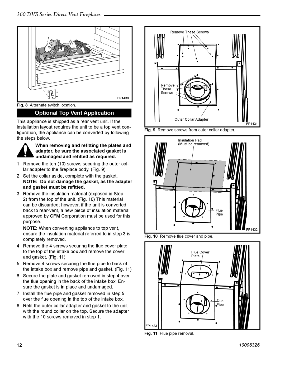 Majestic Appliances 360DVSR, 360DVSL, 360DVS3 warranty Optional Top Vent Application, Remove screws from outer collar adapter 