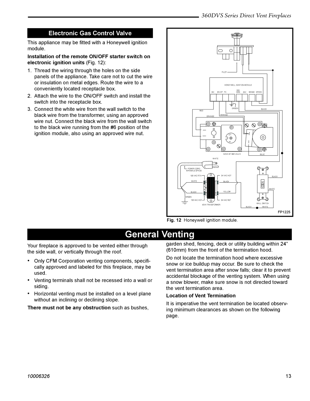 Majestic Appliances 360DVSL, 360DVSR, 360DVS3 General Venting, Electronic Gas Control Valve, Location of Vent Termination 