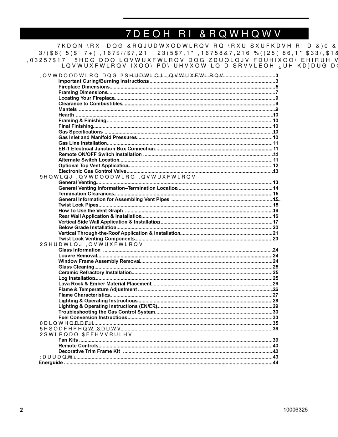 Majestic Appliances 360DVS3, 360DVSR, 360DVSL, 360DVS2 warranty Table of Contents 