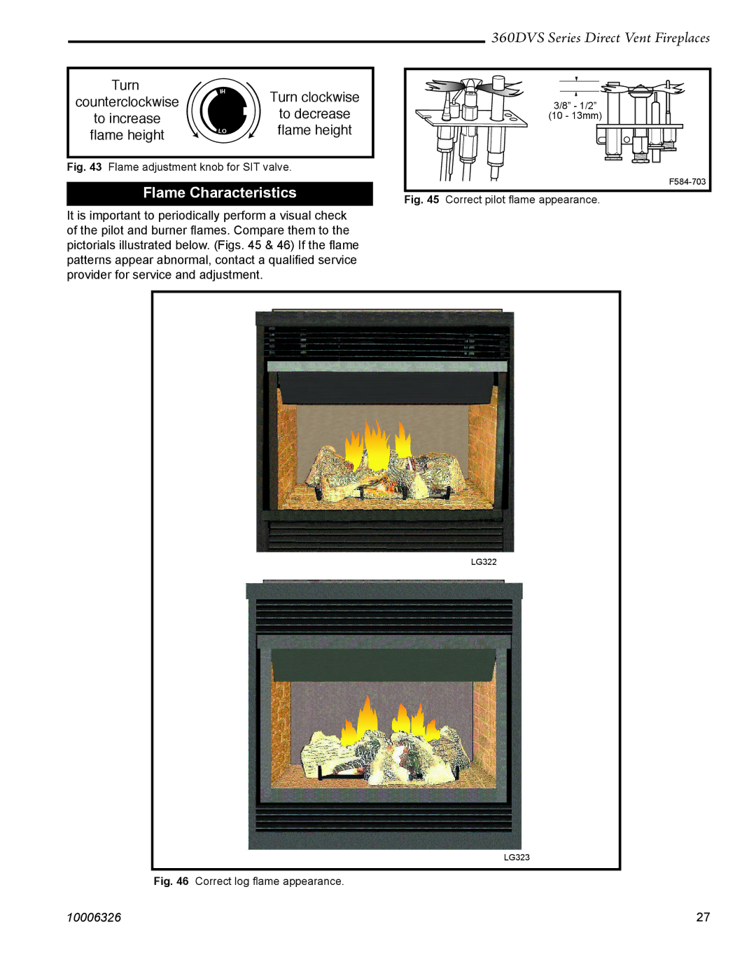 Majestic Appliances 360DVS2, 360DVSR, 360DVSL, 360DVS3 warranty Flame Characteristics, Flame adjustment knob for SIT valve 