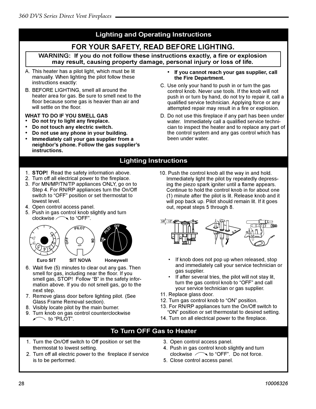 Majestic Appliances 360DVSR, 360DVSL Lighting and Operating Instructions, Lighting Instructions, To Turn OFF Gas to Heater 