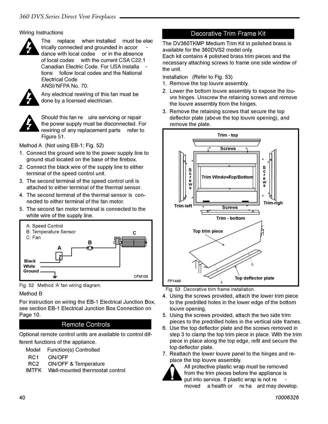 Majestic Appliances 360DVSR Decorative Trim Frame Kit, Remote Controls, Wiring Instructions, Model Functions Controlled 