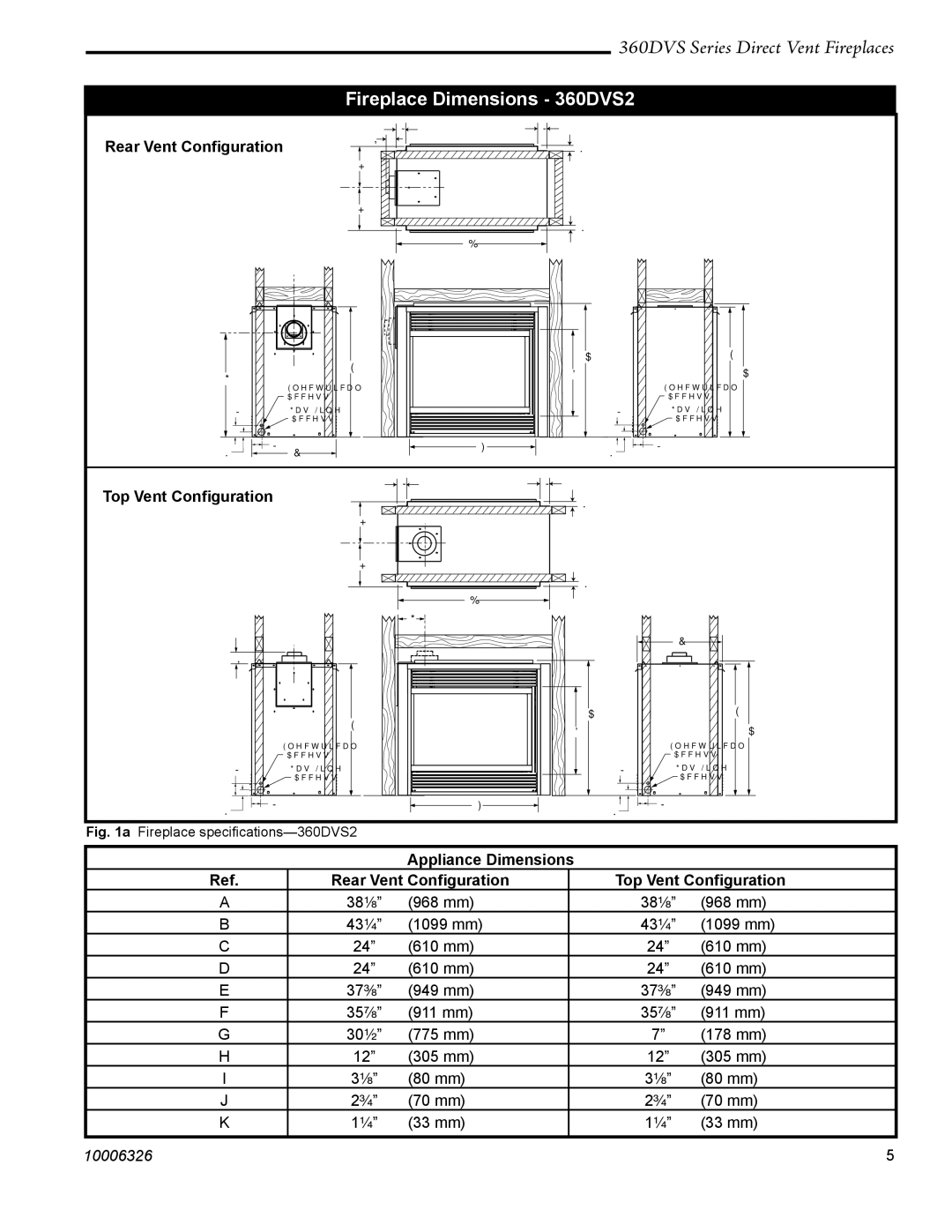 Majestic Appliances 360DVSL, 360DVSR, 360DVS3 Fireplace Dimensions 360DVS2, Rear Vent Conﬁguration, Top Vent Conﬁguration 