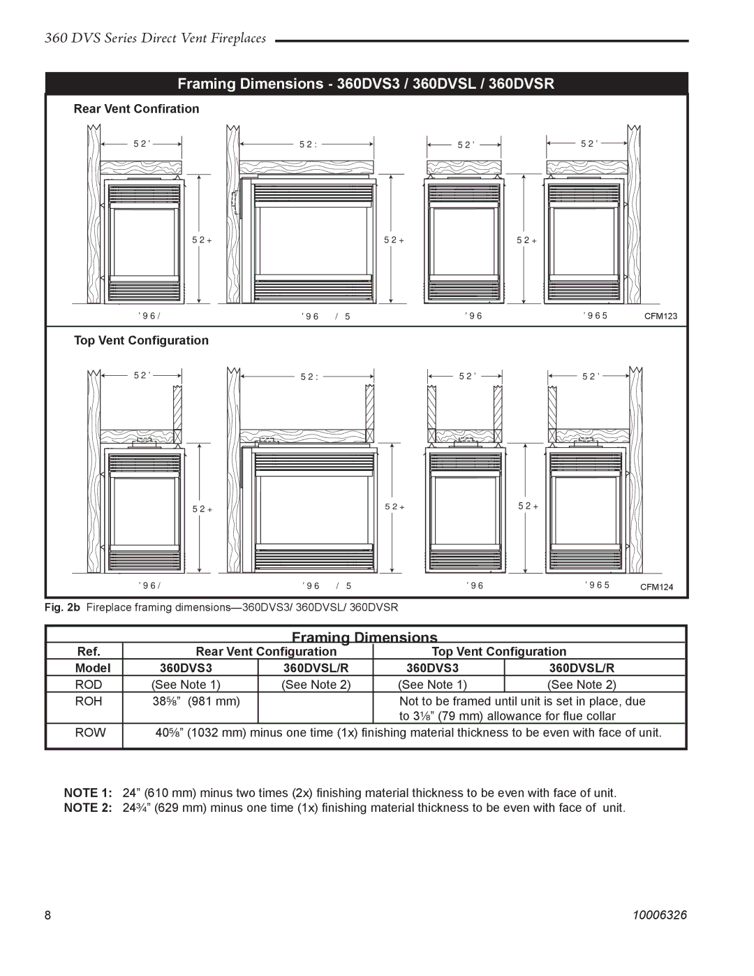 Majestic Appliances 360DVS2 warranty Framing Dimensions 360DVS3 / 360DVSL / 360DVSR, Rear Vent Conﬁration, 360DVSL/R 