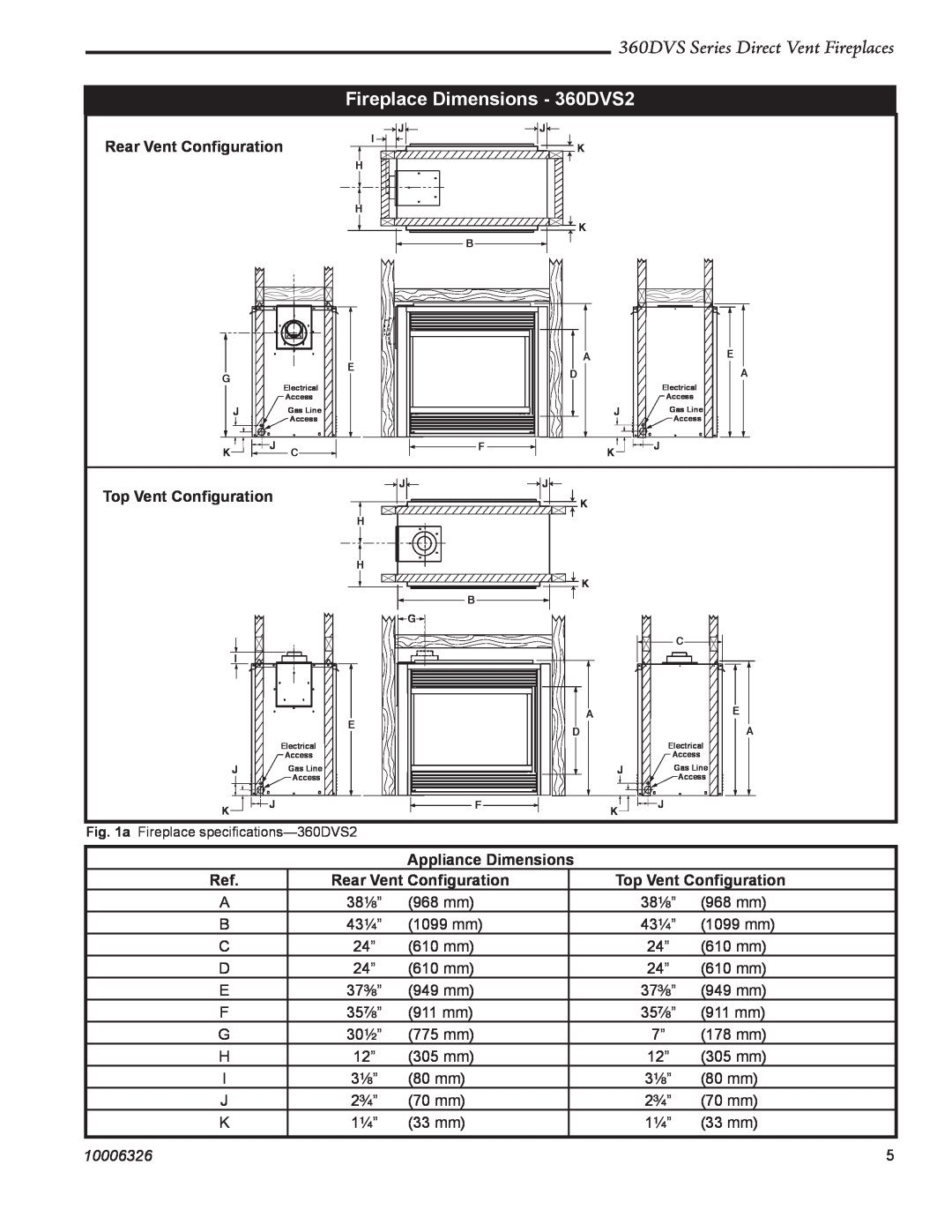 Majestic Appliances 360DVSL Fireplace Dimensions - 360DVS2, 360DVS Series Direct Vent Fireplaces, Rear Vent Conﬁguration 