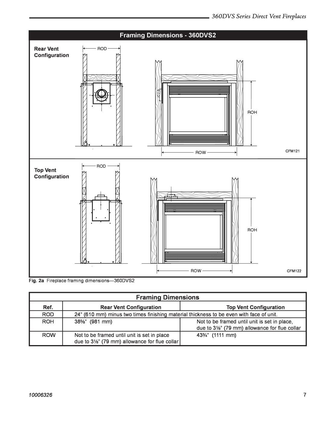 Majestic Appliances warranty Framing Dimensions - 360DVS2, 360DVS Series Direct Vent Fireplaces, Rear Vent, Conﬁguration 