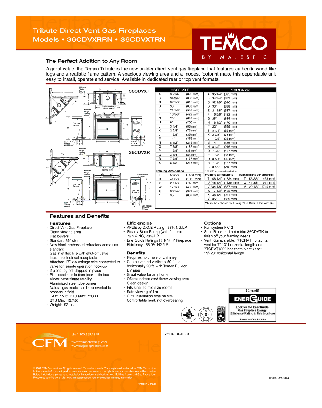 Majestic Appliances 36CDVXTRN, 36CDVXRRN manual Features and Benefits, 36CDVXT 36CDVXR 