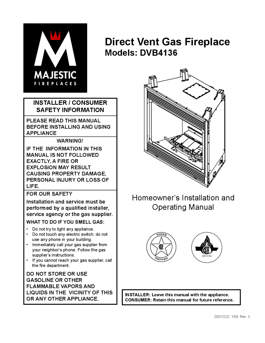 Majestic Appliances DVB4136 manual Direct Vent Gas Fireplace 